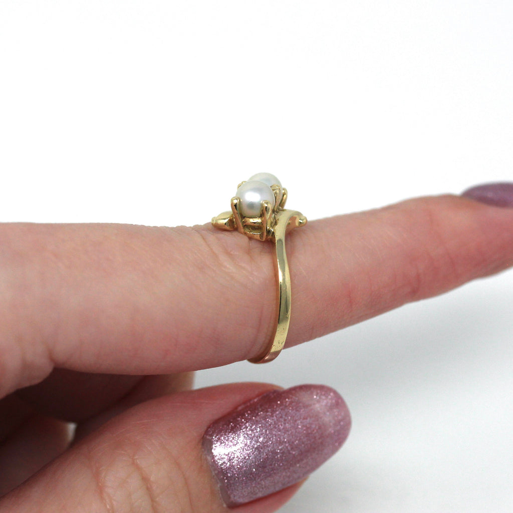 Sale - Cultured Pearl Ring - Retro 10k Yellow Gold Toi Et Moi Two Gem Bypass Statement - Vintage 1940s Size 5 June Birthstone Fine Jewelry