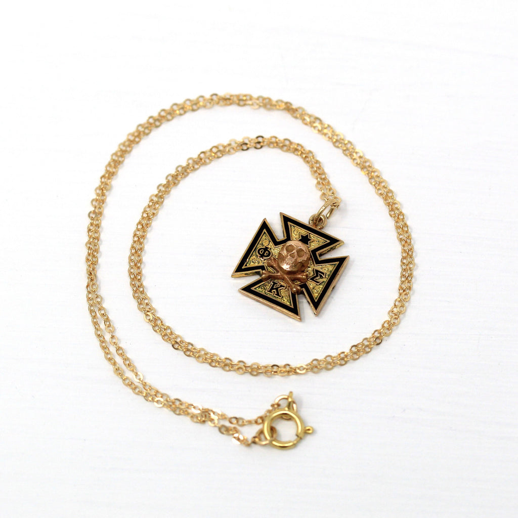 Sale - Phi Kappa Sigma Necklace - Vintage 10k Yellow Gold Fraternity Conversion Pendant - 1930s Enamel Crossbone Skull Memento Mori Jewelry