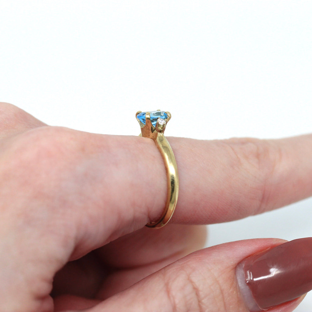 Sale - Blue Topaz Ring - Modern 14k Yellow Gold Genuine .81 CT Oval Faceted Gem- Estate Size 6.75 Diamond December Birthstone Fine Jewelry