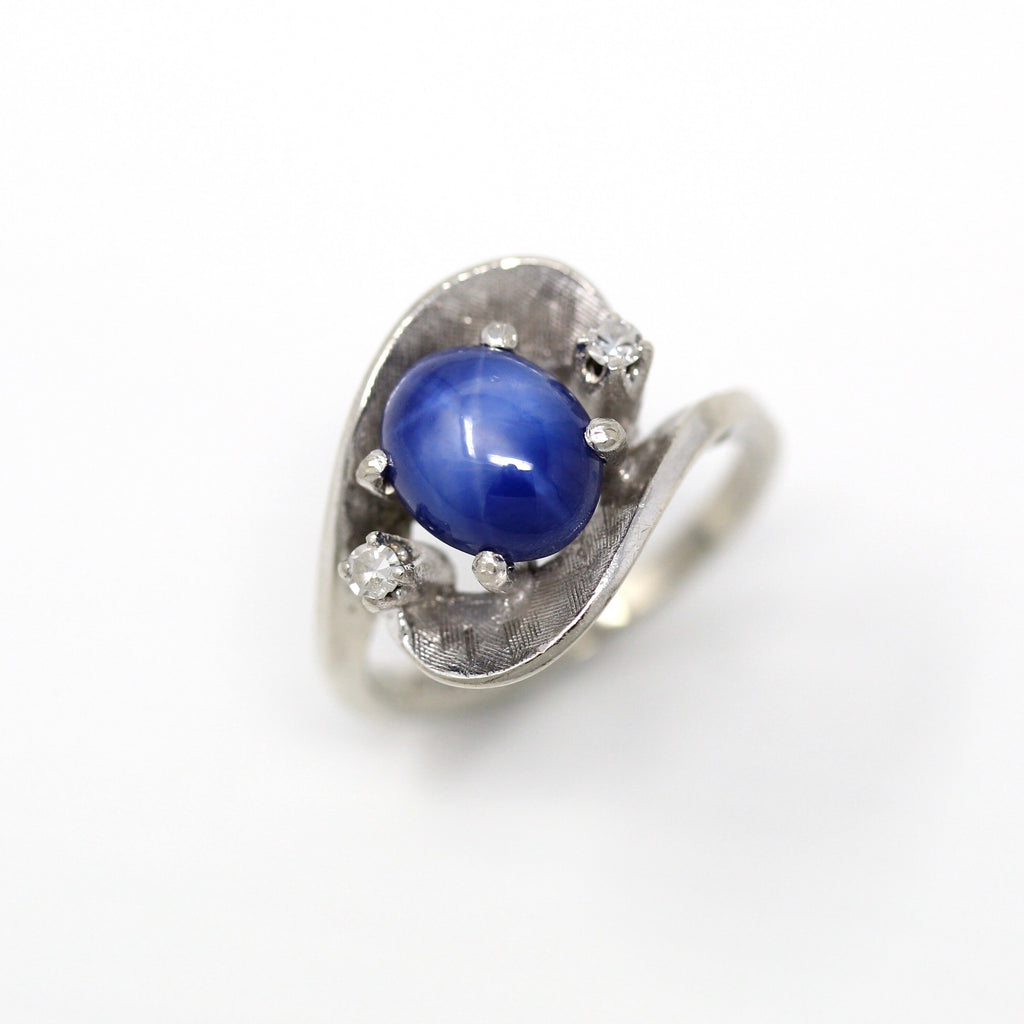 Sale - Created Star Sapphire Ring - Vintage 14k White Gold Genuine Diamond Statement - 60s Retro Size 5 3/4 Oval Blue Cabochon 1960s Jewelry