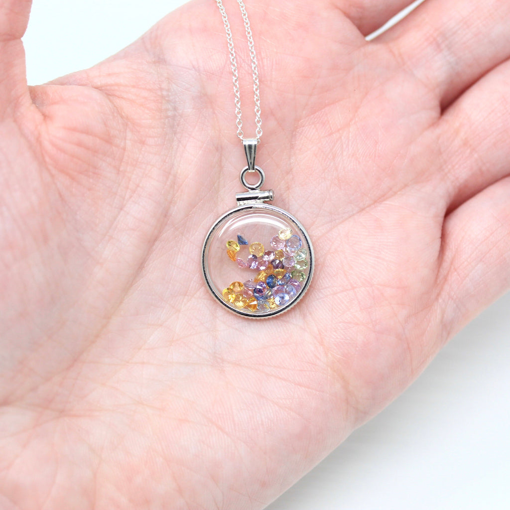 Rainbow Sapphire Shaker Locket - Handcrafted Sterling Silver Lucite Genuine 2.5 CTW Gemstones Pendant - Round Faceted Gems Necklace Jewelry