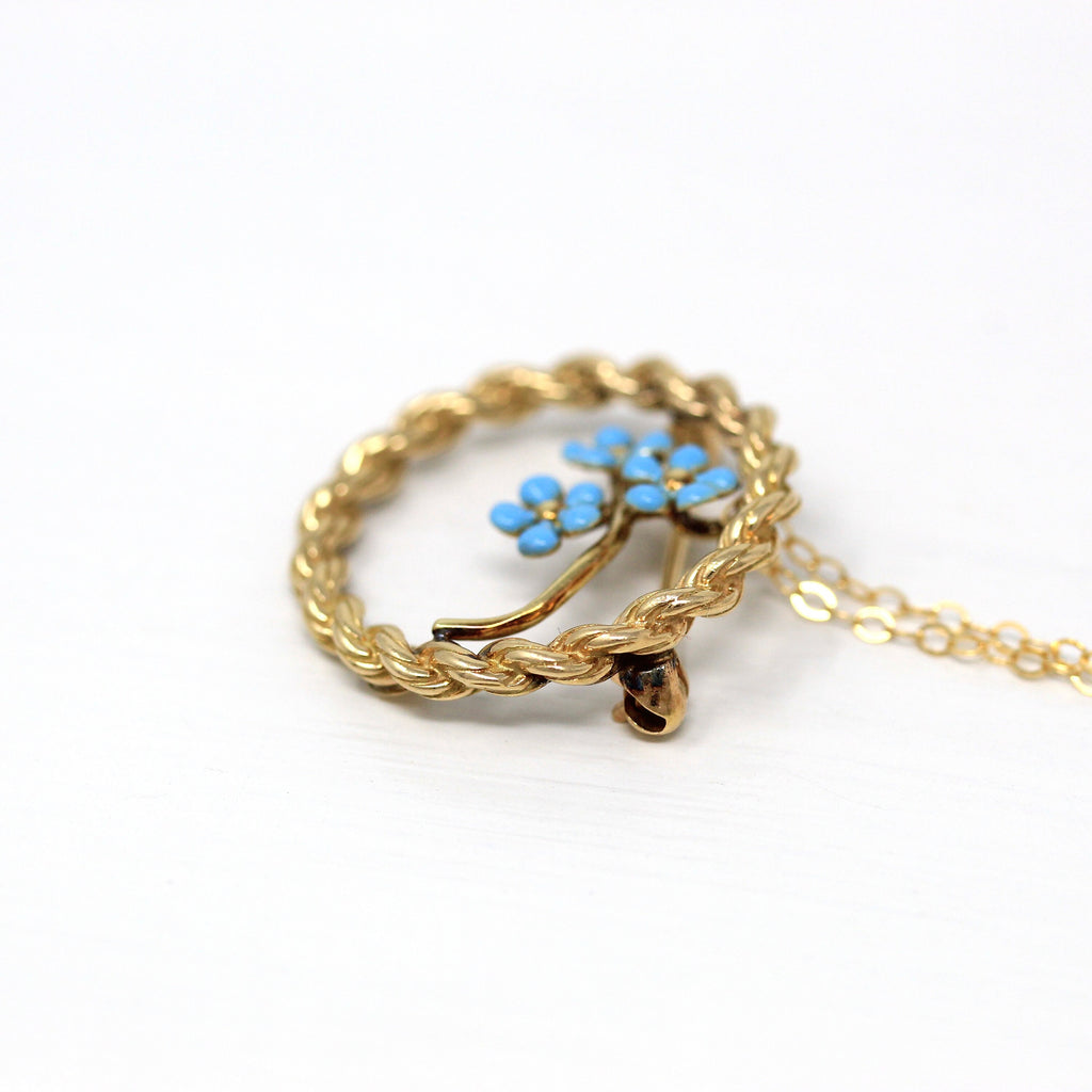 Sale - Retro Floral Pendant - Vintage 14k Yellow Gold Blue Enamel Forget Me Not Flowers - Circa 1970s Era Brooch Rope Necklace Fine Jewelry