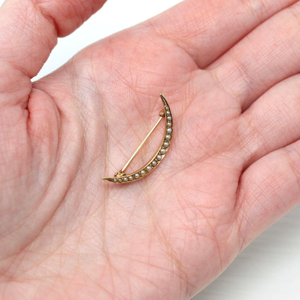 Sale - Crescent Moon Brooch - Edwardian 14k Yellow Gold Seed Pearl Statement Pin - Antique Circa 1910s Era Fashion Accessory Fine Jewelry