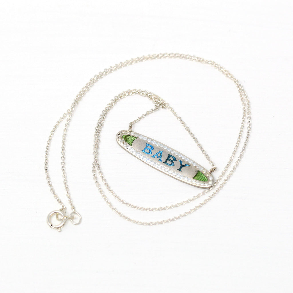 Sale - Antique Baby Necklace - Edwardian Sterling Silver Conversion Blue Green Enamel Bar Pendant - 1910s Era Push Present Nameplate Jewelry