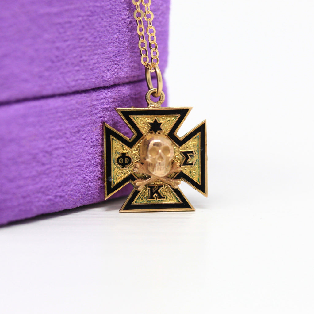 Sale - Phi Kappa Sigma Necklace - Vintage 10k Yellow Gold Fraternity Conversion Pendant - 1930s Enamel Crossbone Skull Memento Mori Jewelry