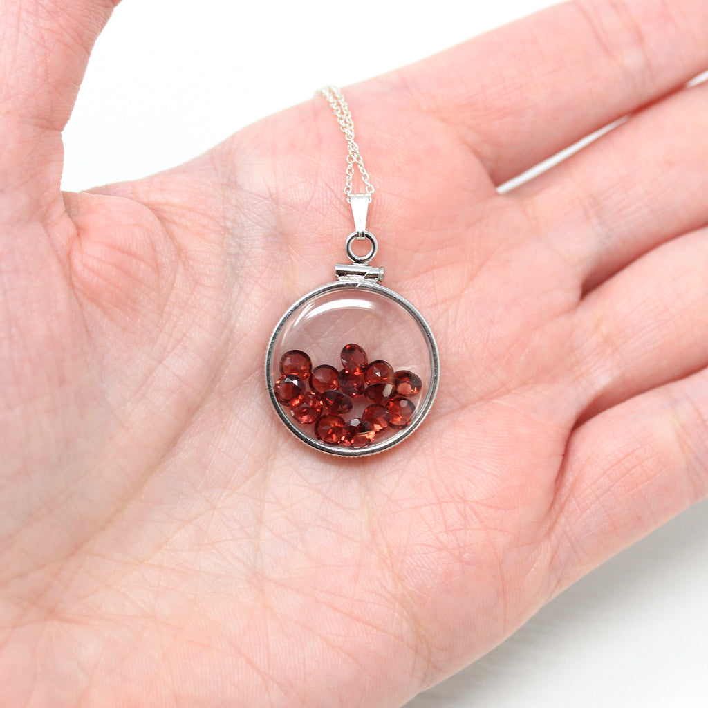 Garnet Shaker Locket - Handcrafted Sterling Silver Lucite Pendant Necklace Charm - Genuine 4 mm 4 CTW Round Faceted Red Gemstones Jewelry