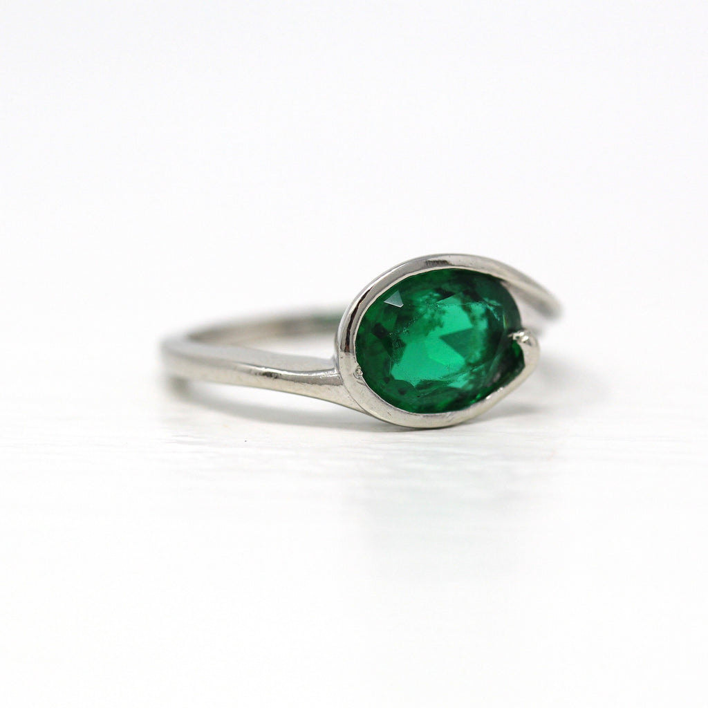 Sale - Simulated Emerald Ring - Vintage 14k White Gold Green Glass 1950s Bypass - Size 6 1/4 Oval Faceted Mid Century May Birthstone Jewelry