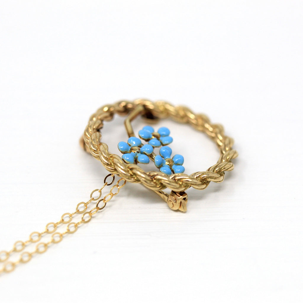 Sale - Retro Floral Pendant - Vintage 14k Yellow Gold Blue Enamel Forget Me Not Flowers - Circa 1970s Era Brooch Rope Necklace Fine Jewelry