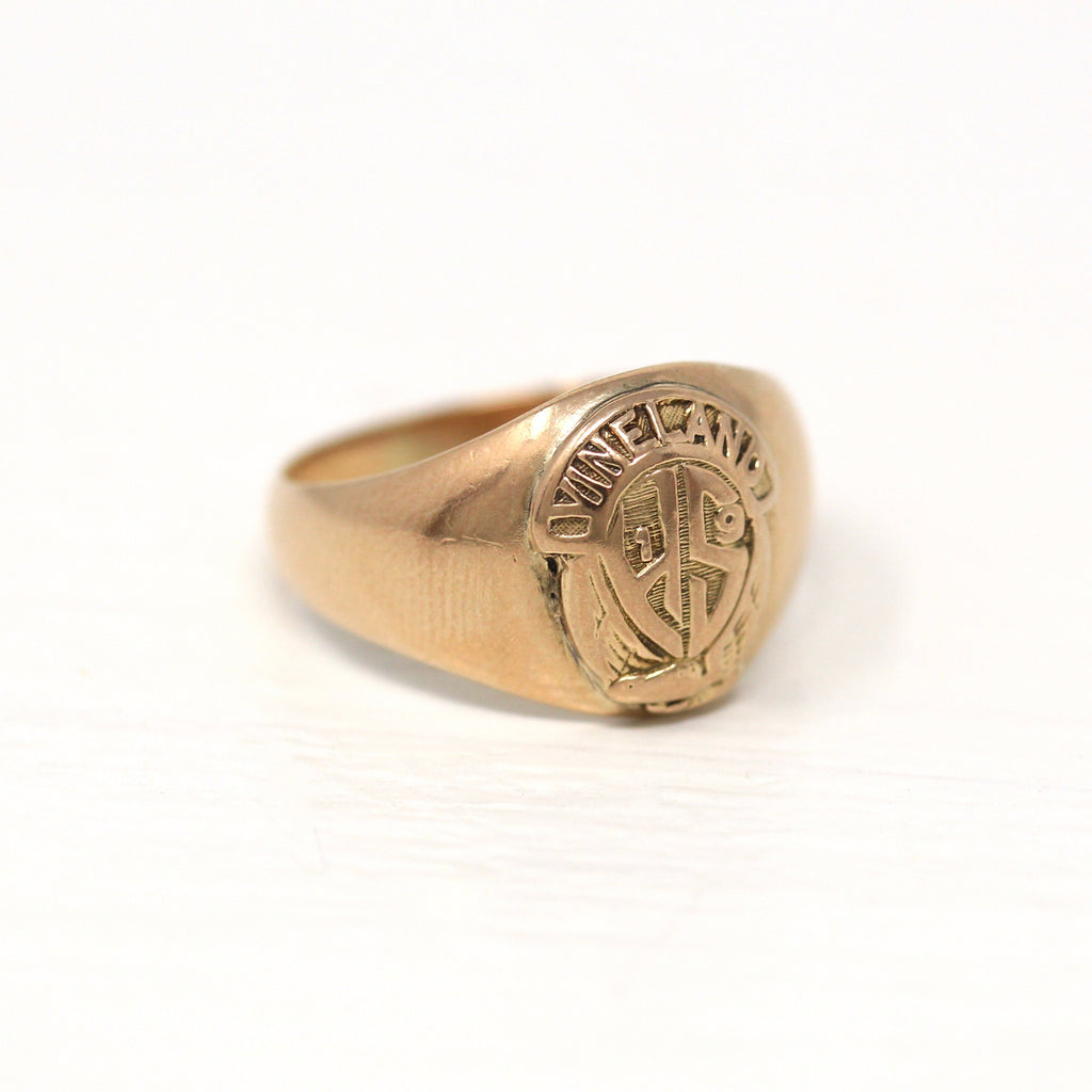 Sale - Vintage Class Ring - Retro 10k Yellow Gold Vineland High School Dated Signet - Size 5.75 Cumberland County New Jersey Rooster Jewelry
