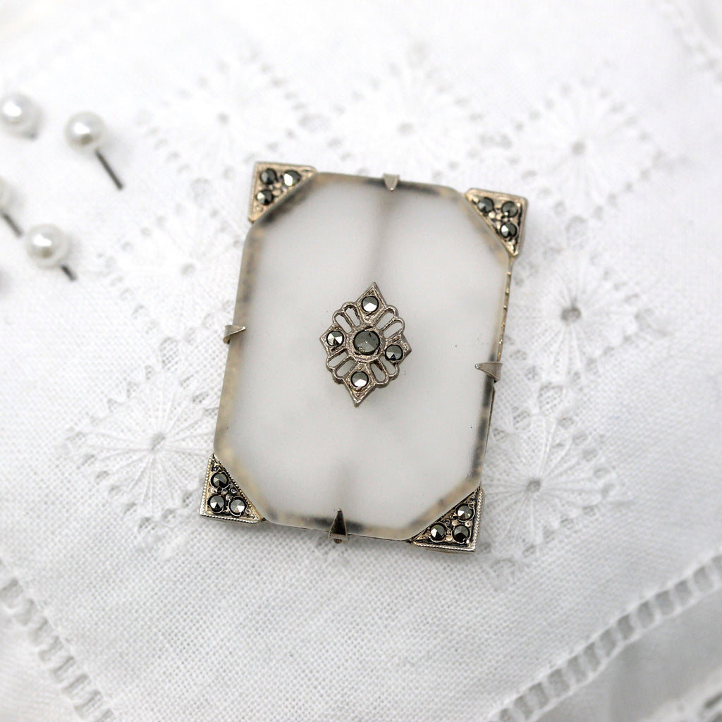 Sale - Camphor Glass Brooch - Art Deco Sterling Silver Marcasite Pin - Vintage 1930s Fashion Accessory Simulated Rock Crystal Quartz Jewelry