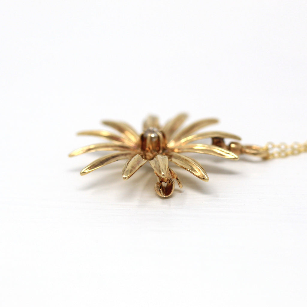 Sale - Antique Floral Necklace - Edwardian 14k Yellow Gold Genuine 1/10 CT Old Mine Diamond Pendant - Vintage 1910s Floral Brooch Jewelry