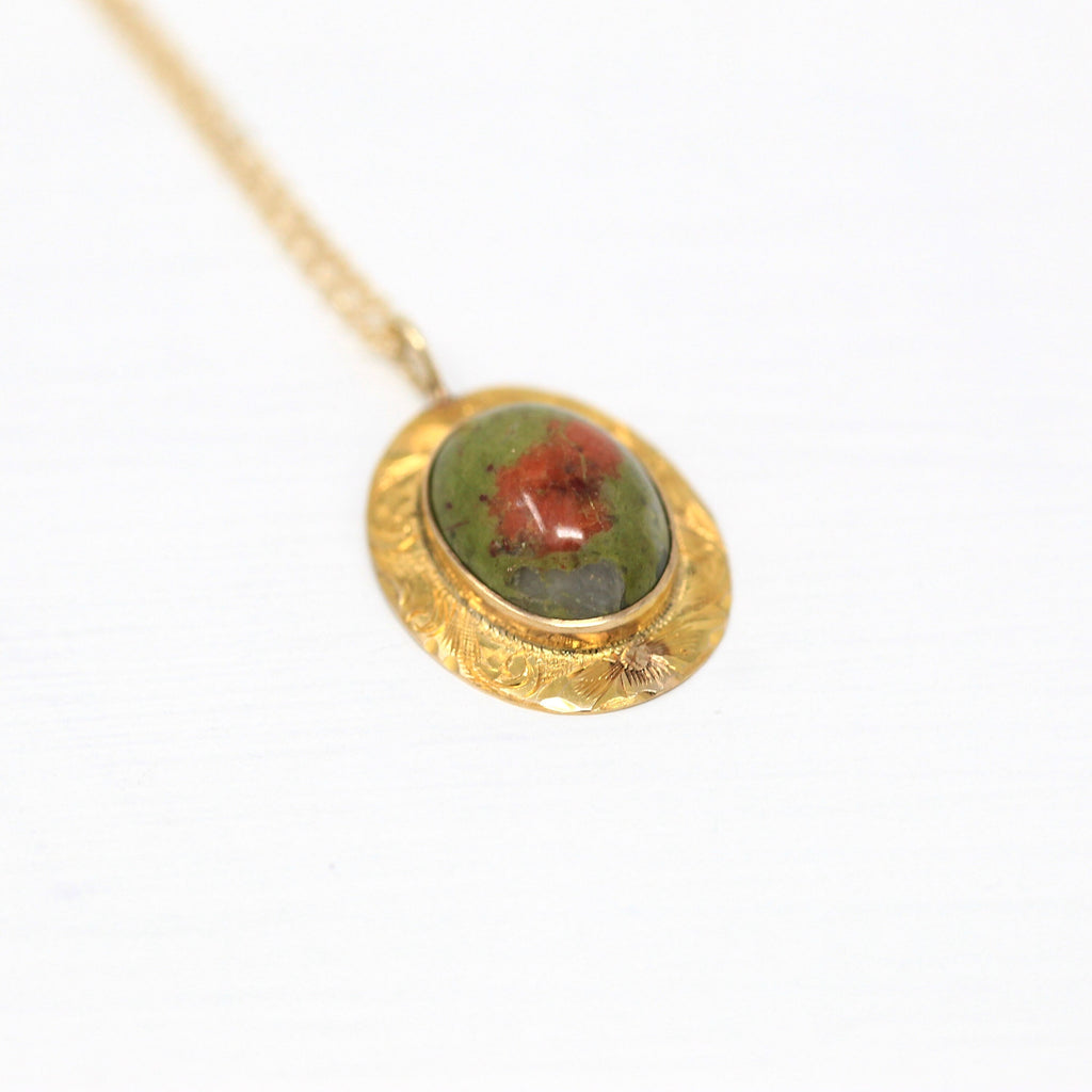 Sale - Gold Unakite Necklace - Edwardian 10k Yellow Gold Stick Pin Conversion Pendant - Antique Circa 1910s Oval Cabochon Gemstone Jewelry