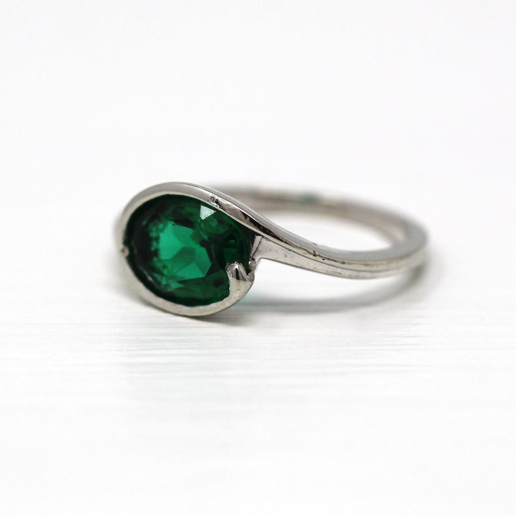 Sale - Simulated Emerald Ring - Vintage 14k White Gold Green Glass 1950s Bypass - Size 6 1/4 Oval Faceted Mid Century May Birthstone Jewelry