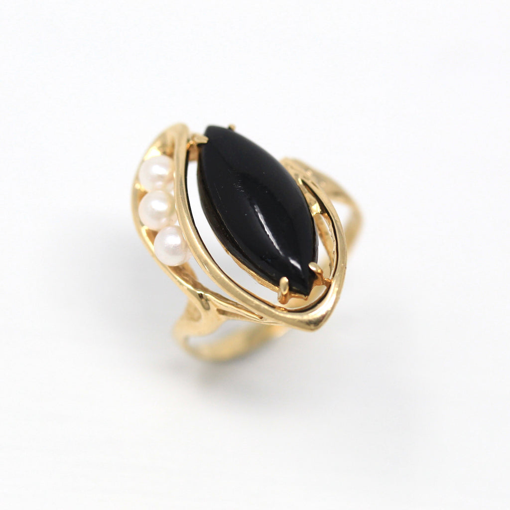 Sale - Vintage Statement Ring - Retro 14k Yellow Gold Genuine Cultured Pearl Marquise Cut Black Glass - 1970s Size 6 3/4 Bypass Fine Jewelry
