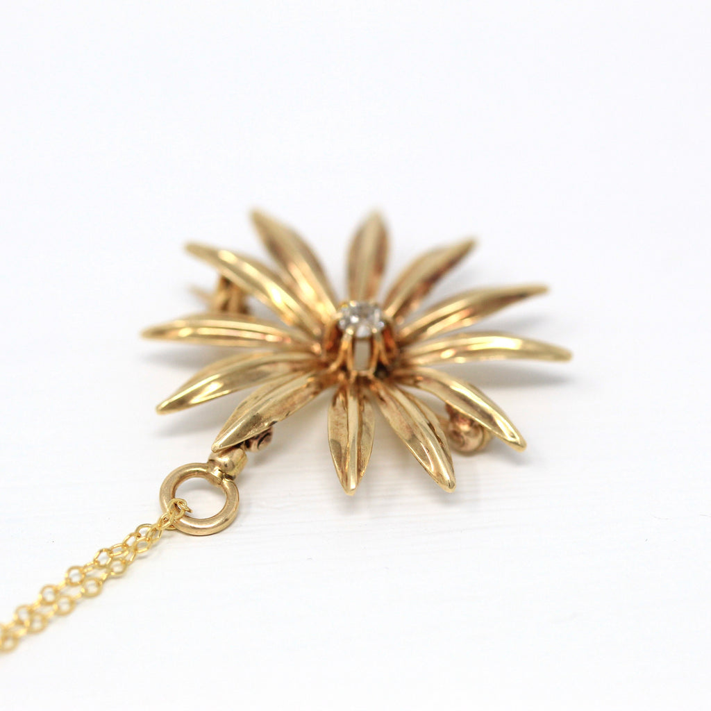 Sale - Antique Floral Necklace - Edwardian 14k Yellow Gold Genuine 1/10 CT Old Mine Diamond Pendant - Vintage 1910s Floral Brooch Jewelry
