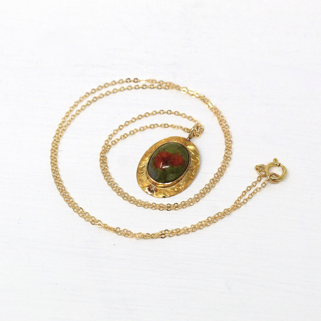 Sale - Gold Unakite Necklace - Edwardian 10k Yellow Gold Stick Pin Conversion Pendant - Antique Circa 1910s Oval Cabochon Gemstone Jewelry
