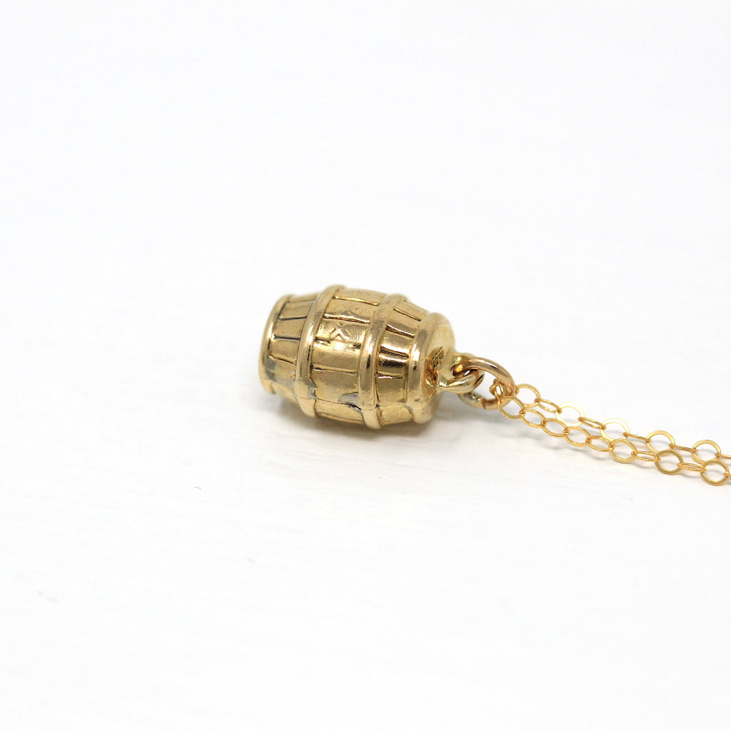 Sale - Beer Barrel Charm - Retro 9ct Yellow Gold "Roll Out The Barrel" Pendant Necklace - Circa 1940s Era World War II Polka Song Jewelry