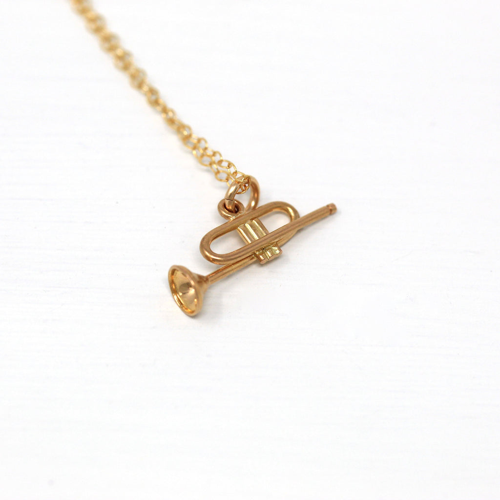 Sale - Estate Trumpet Charm - Modern 14k Yellow Gold Petite Brass Band Instrument Necklace - Circa 2000s Y2K Era Pendant Music Fine Jewelry