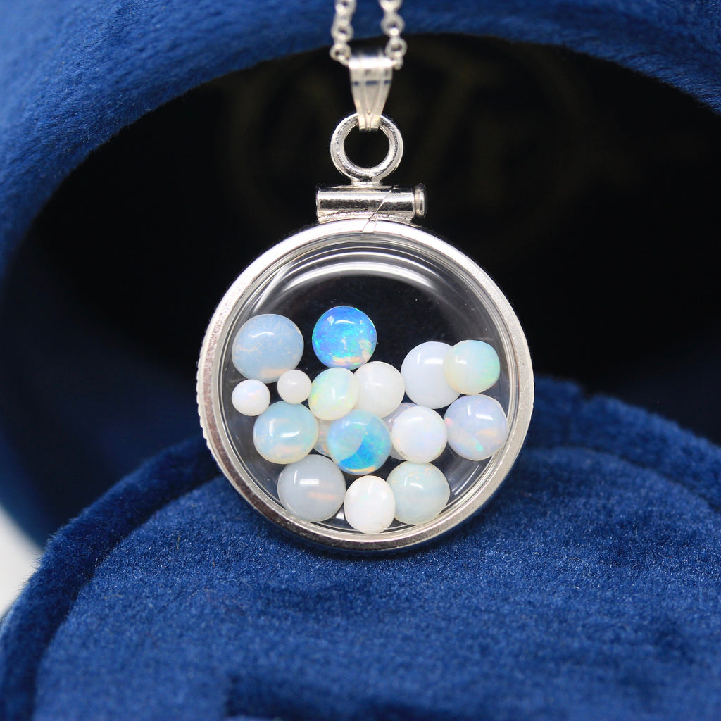 Opal Shaker Locket - Handcrafted Sterling Silver Lucite Clear Pendant Necklace Charm - October Birthstone Genuine 1.5 CTW Gemstones Jewelry