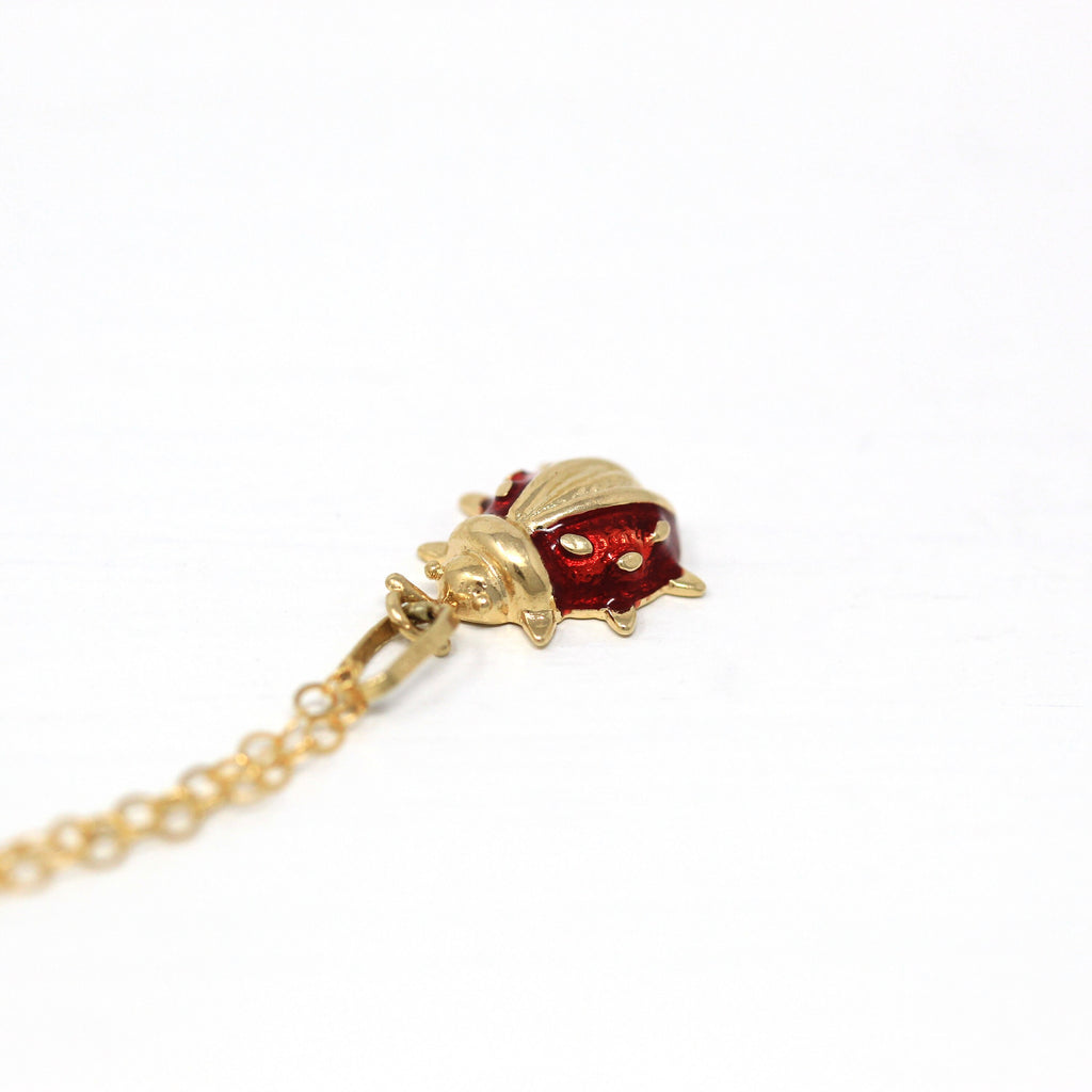 Sale - Modern Ladybug Charm - Estate 14k Yellow Gold Red Enamel Glass Pendant Necklace - Circa 2000s Lucky LadyBird Beetle Petite Jewelry