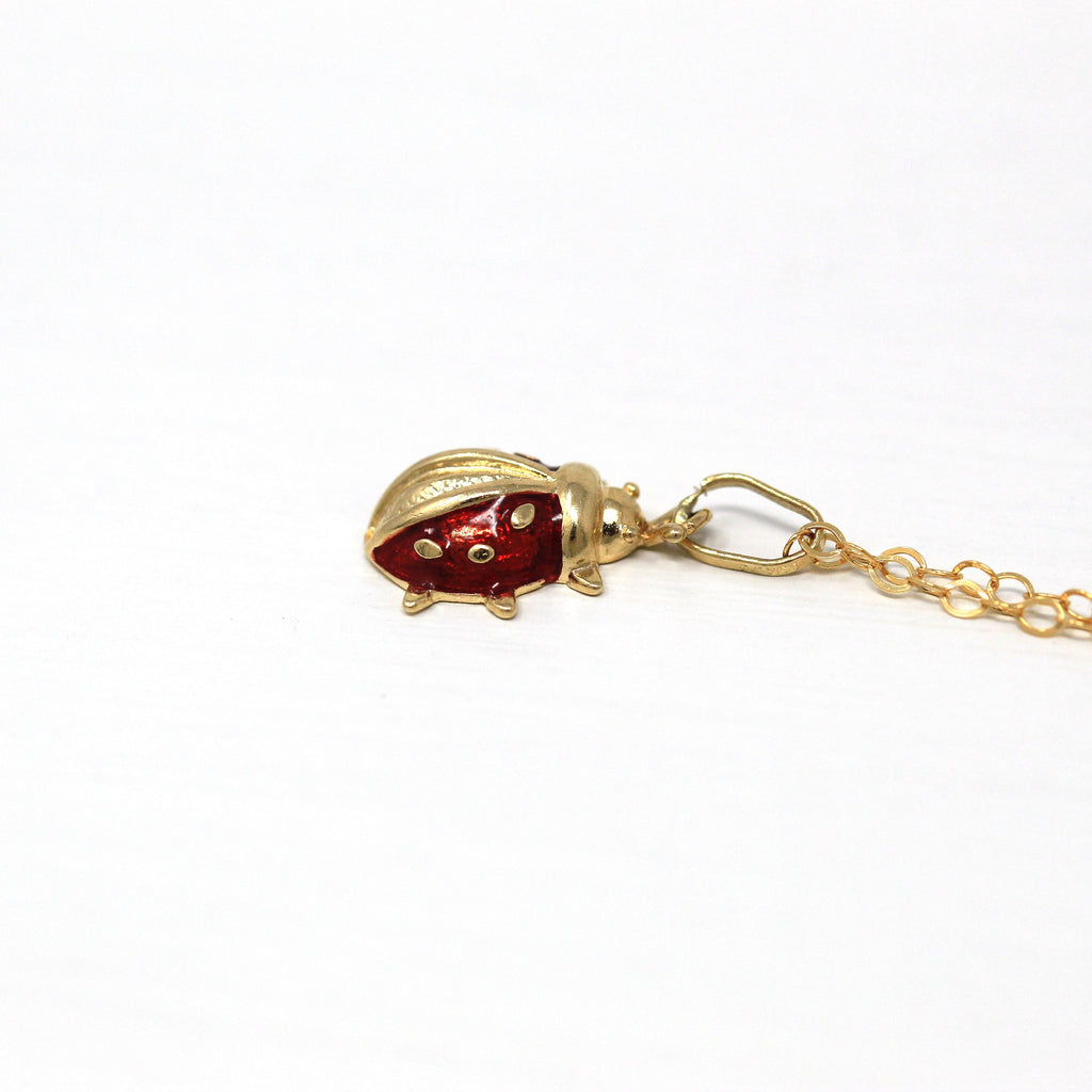 Sale - Modern Ladybug Charm - Estate 14k Yellow Gold Red Enamel Glass Pendant Necklace - Circa 2000s Lucky LadyBird Beetle Petite Jewelry
