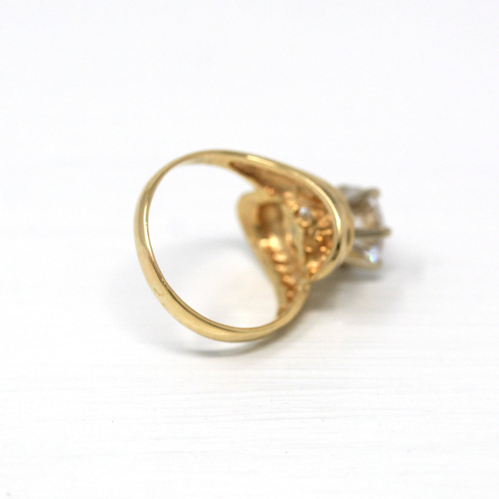 Sale - Cubic Zirconia Ring - Modern 14k Yellow Gold Round Cut Prong Set Stone - Estate Circa 1980s Era Size 5 Bypass Swirl CZ Fine Jewelry