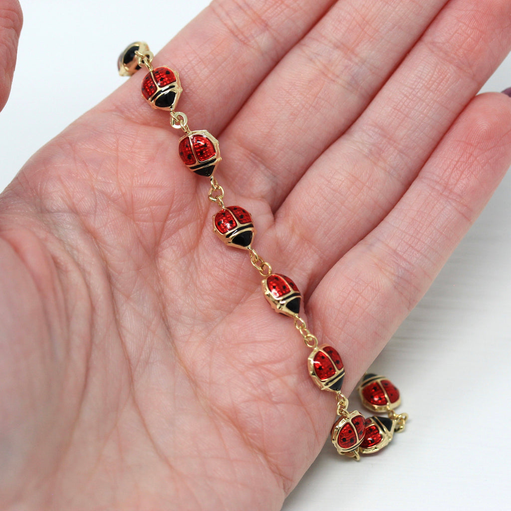 Sale - Estate Ladybug Bracelet - Modern 14k Yellow Gold Puffy Red Black Enamel Bug Charms - 1990s Era 8 Inch Lobster Claw Clasp JCM Jewelry