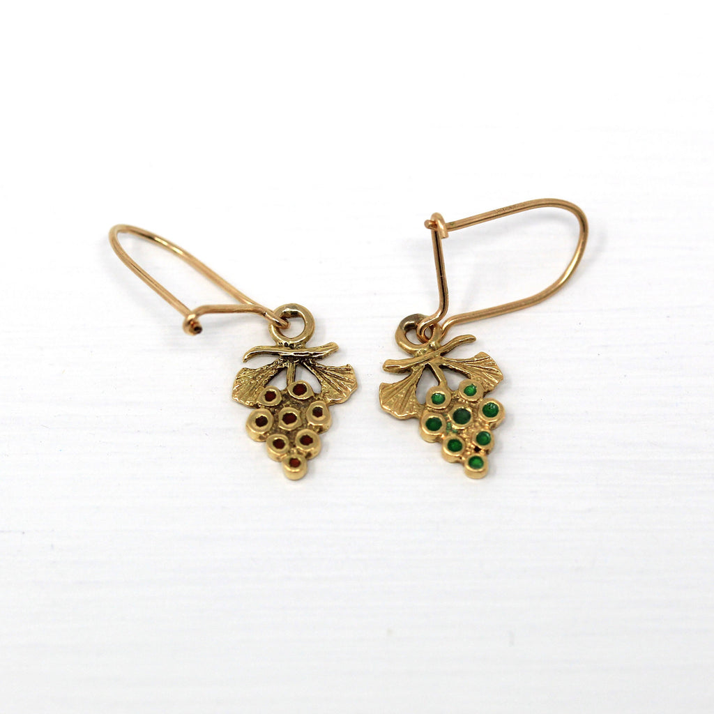Sale - Grape Cluster Earrings - Modern 18k Yellow Gold Green Red Enamel Dangle Drop - Estate Circa 2000's Era Vine Leaf Berries Wine Jewelry
