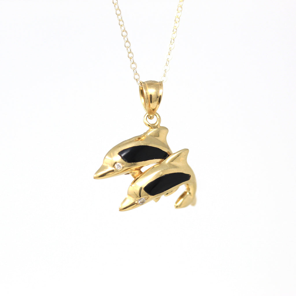 Sale - Onyx Dolphin Necklace - Vintage 14k Yellow Gold Genuine Black Gem .016 CTW Diamonds - Circa 1990s Beach Tropical Ocean Animal Jewelry