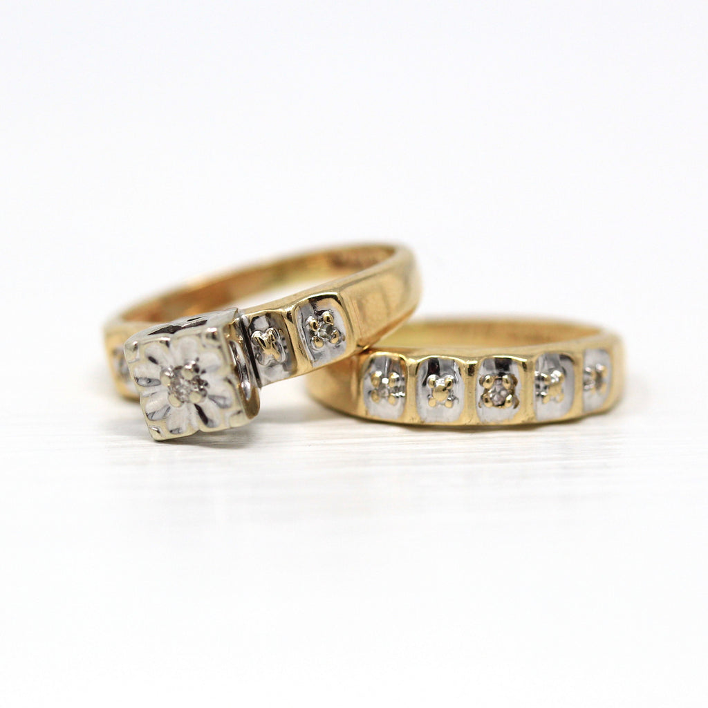 Sale - Wedding Ring Set - Retro 10k Yellow & White Gold Genuine .07 CTW Diamond Gems - Vintage Circa 1960s Era Size 3 1/2 Engagement Jewelry