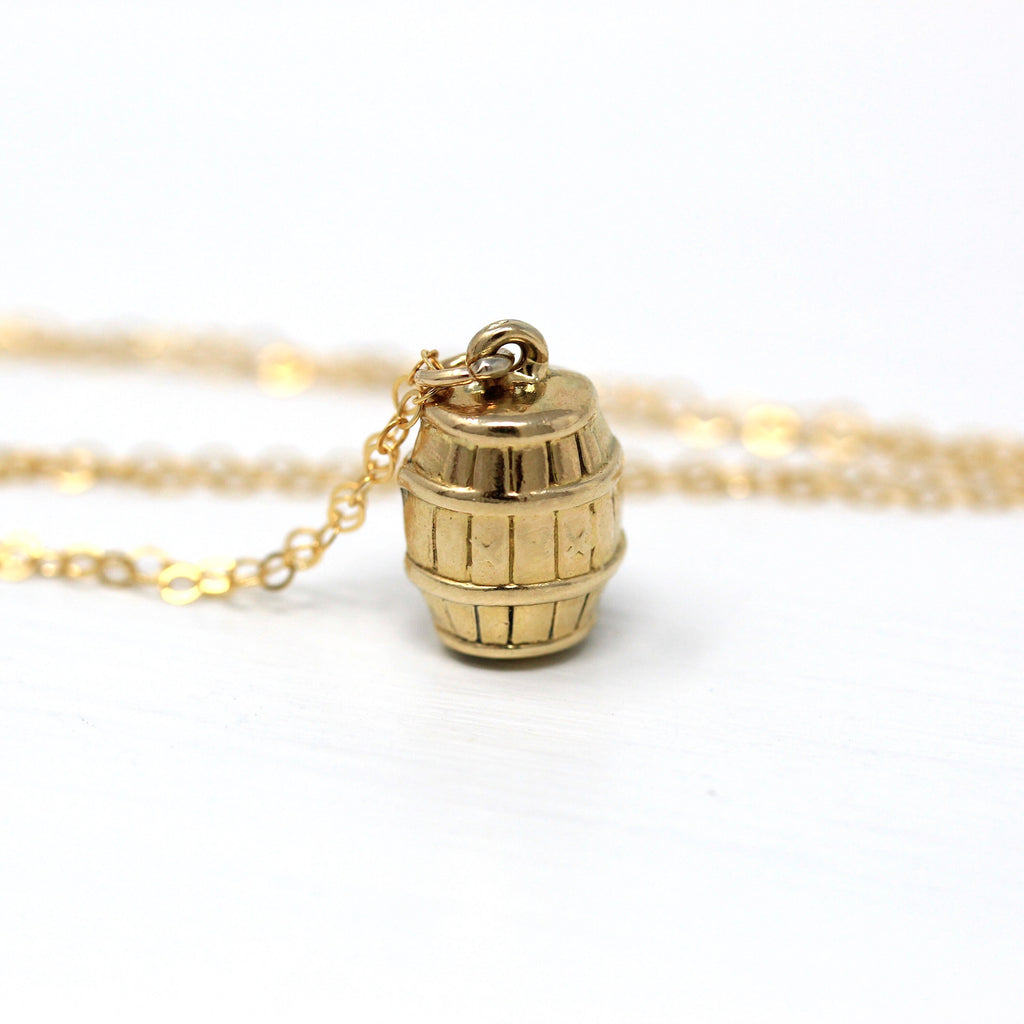 Sale - Beer Barrel Charm - Retro 9ct Yellow Gold "Roll Out The Barrel" Pendant Necklace - Circa 1940s Era World War II Polka Song Jewelry