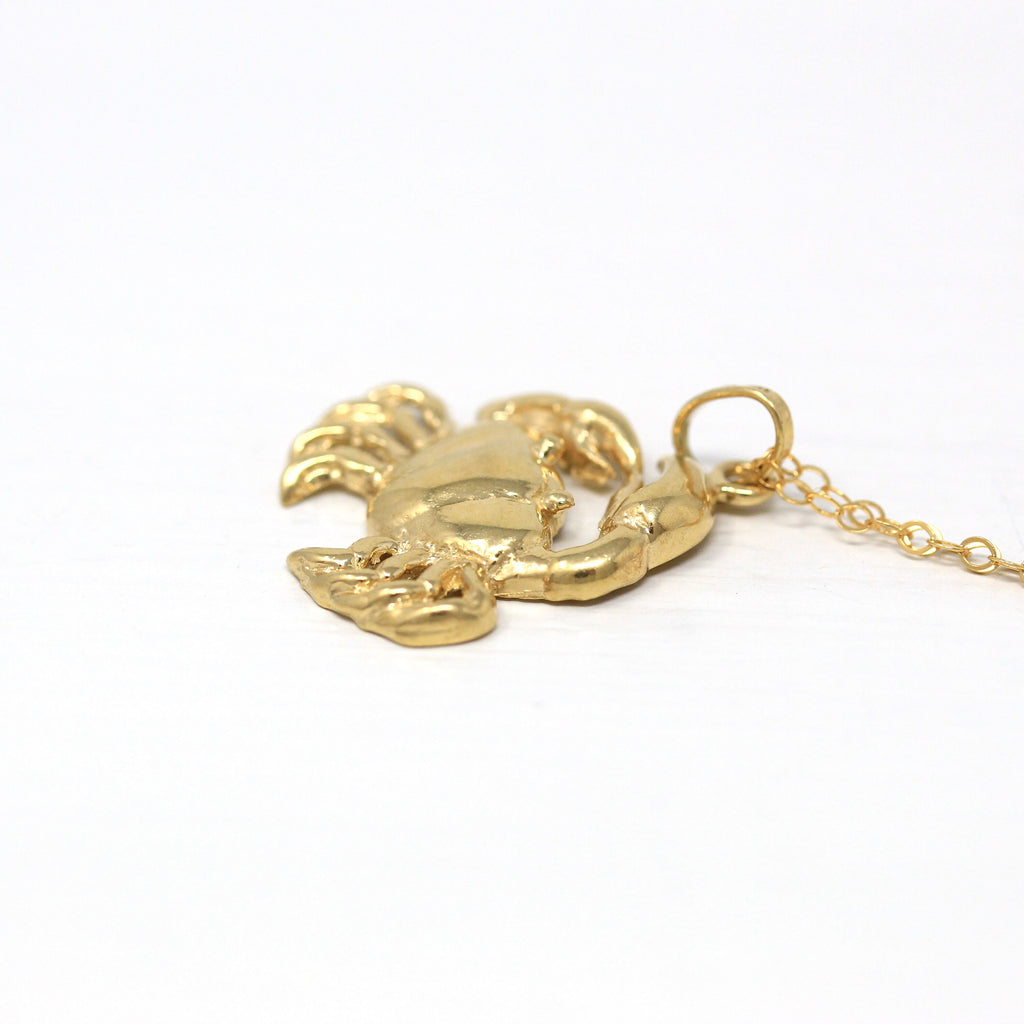 Sale - Modern Crab Charm - Estate 14k Yellow Gold Beach Sand Animal Crustacean Necklace - Circa 2000s Ocean Souvenir Zodiac Cancer Jewelry