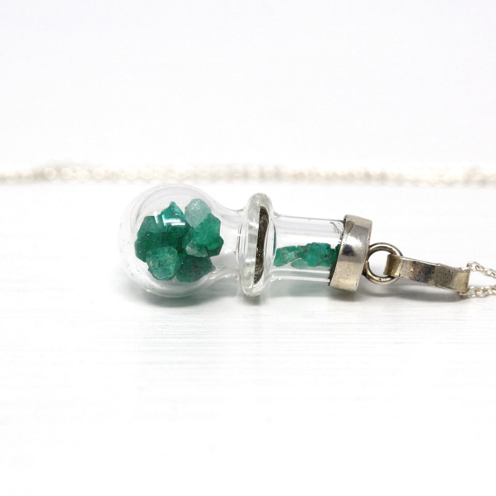Sale - Vintage Emerald Pendant - Retro Sterling Silver Genuine Rough Green Gemstones Necklace - 1970s Pendant Shaker May Birthstone Jewelry