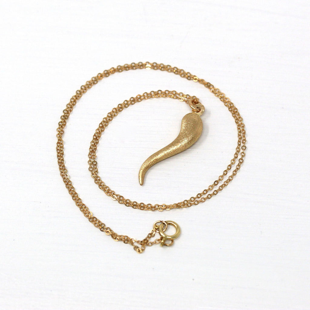 Sale - Italian Horn Charm - Retro 14k Yellow Gold Italy Cornicello Good Luck Necklace - Vintage 1970s Era Ward Off Evil Amulet Fine Jewelry