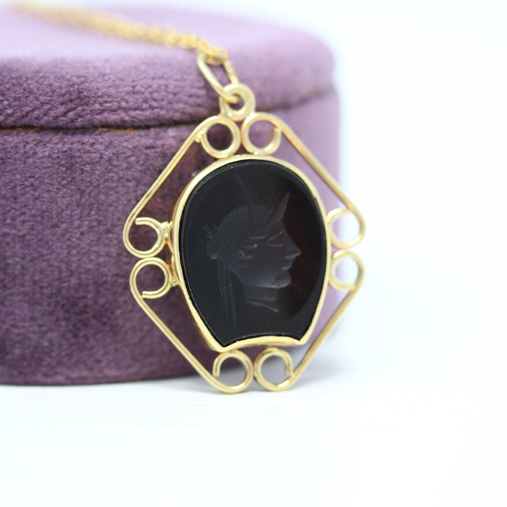 Sale - Carnelian Intaglio Pendant - Edwardian 14k Yellow Gold Carved Genuine Cameo Necklace - Antique Circa 1900s Warrior Charm Fine Jewelry