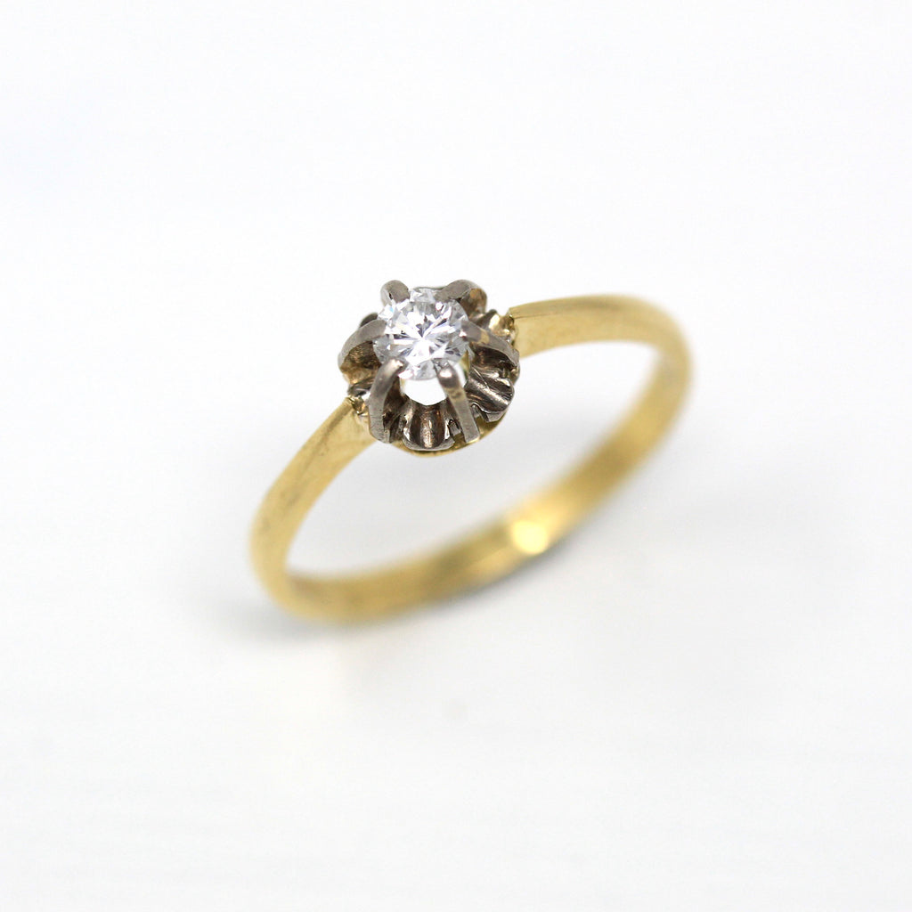 Sale - Genuine Diamond Ring - Retro 18k Yellow & White Gold 1/5 CT Gem Solitaire - Vintage Circa 1960s Size 7 Belcher Style Two Tone Jewelry