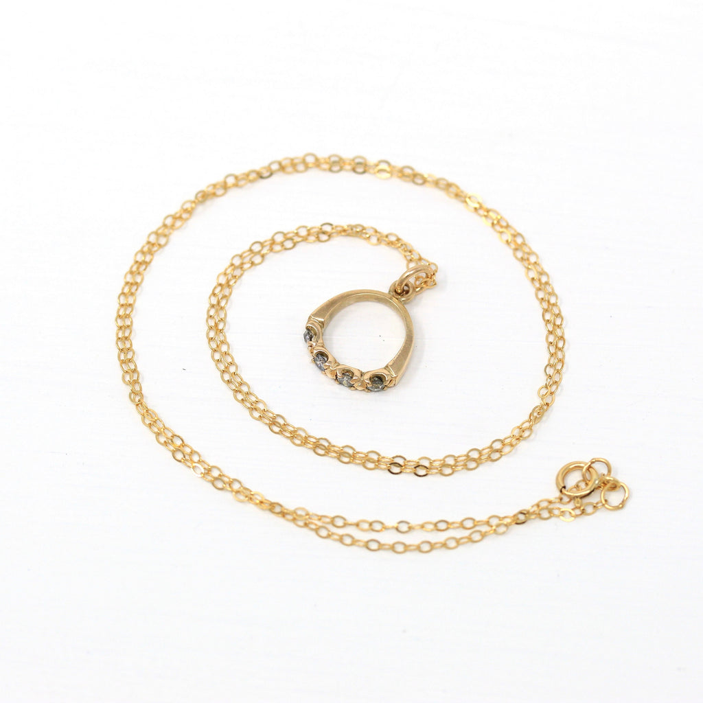 Sale - Estate Diamond Necklace - Modern 14k Yellow Gold Genuine .16 CTW Gem Petite Pendant Ring - Circa 1980s Fine April Birthstone Jewelry