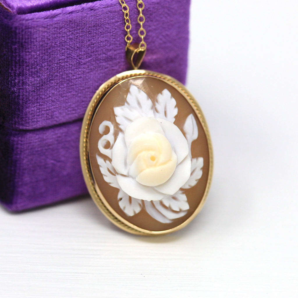 Sale - Flower Cameo Necklace - Retro 14k Yellow Gold Carved Shell Rose Petals Pendant - Vintage Circa 1970s Era Statement Brooch 70s Jewelry