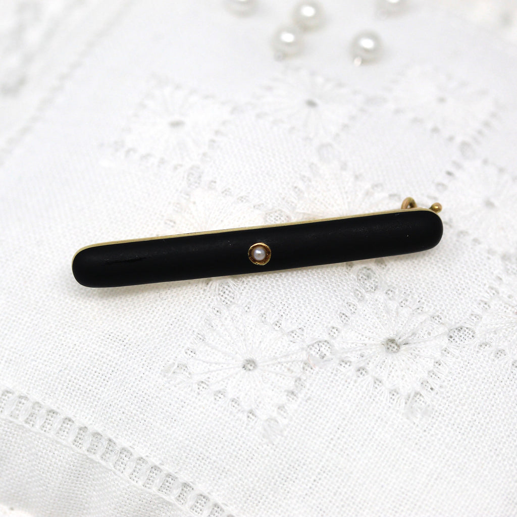 Sale - Black Enamel Brooch - Victorian 14k Yellow Gold Seed Pearl Rounded Oval Bar Pin - Antique Circa 1890s Fashion Accessory Fine Jewelry