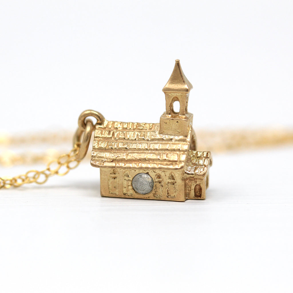 Sale - Stanhope Church Pendant - Retro 14k Yellow Gold Steeple Necklace Charm - Vintage Circa 1960s Era Religious Lord's Prayer Fine Jewelry