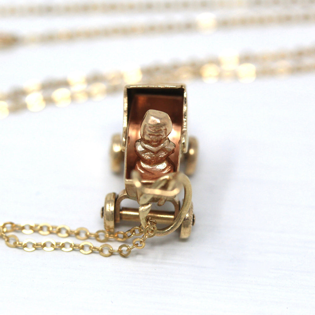 Sale - Baby Buggy Charm - Retro 14k Yellow Gold Pram Carriage Stroller Necklace - Vintage Circa 1960s Era New Mother Gift Pendant Jewelry