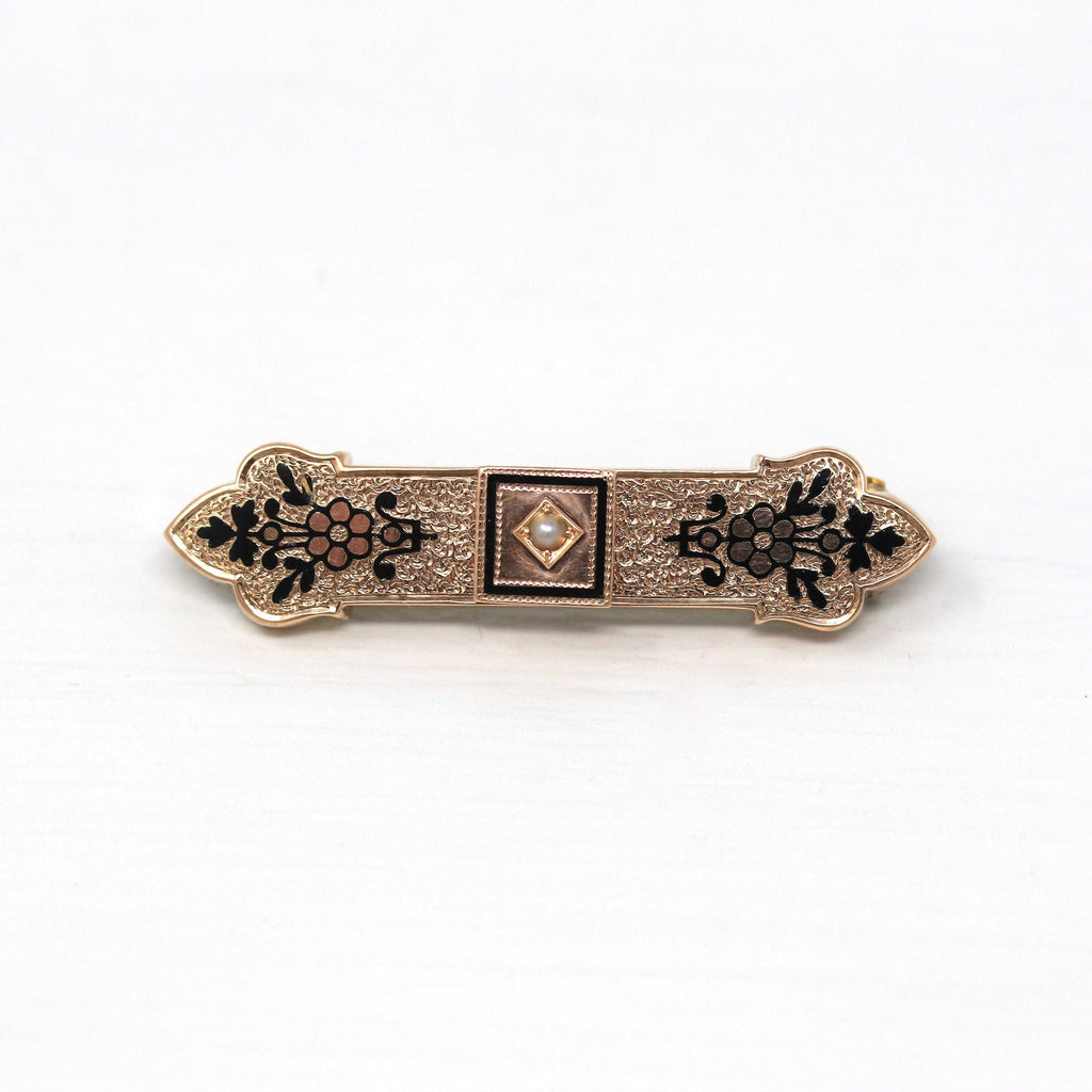 Sale - Antique Bar Pin - Victorian Era 10k Rose Gold Black Enamel Taille D'epargné Seed Pearl Brooch - Vintage 1890s Era Flower Fine Jewelry