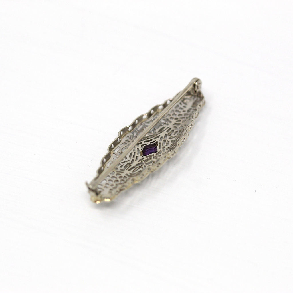 Sale - Art Deco Brooch - Vintage 10k White Gold Simulated Amethyst Purple Glass Pin - Circa 1930s Filigree February Birthstone Fine Jewelry