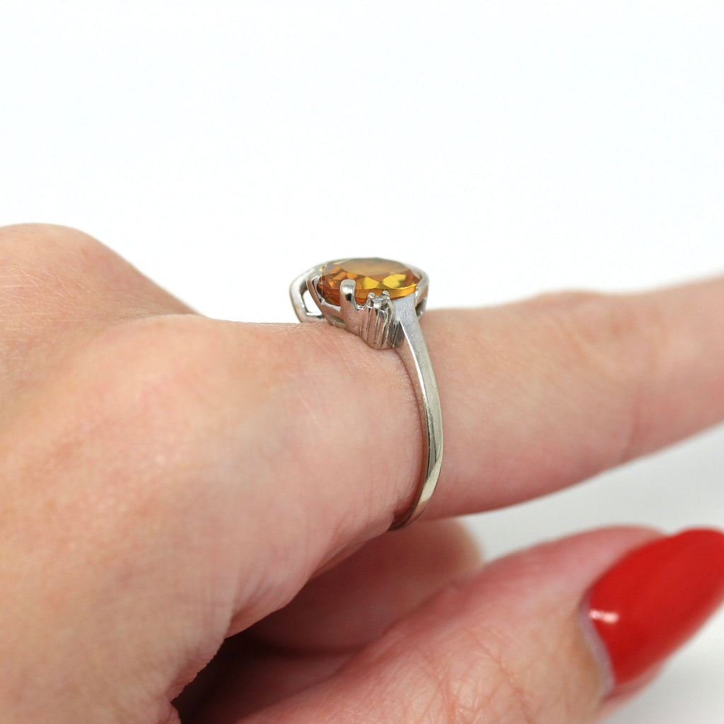 Sale - Created Yellow Sapphire Ring - Mid Century 10k White Gold 2.83 CT Stone - Vintage Circa 1950s Size 6 3/4 Asymmetrical Fine Jewelry