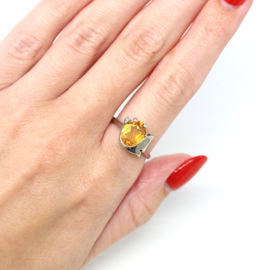 Sale - Created Yellow Sapphire Ring - Mid Century 10k White Gold 2.83 CT Stone - Vintage Circa 1950s Size 6 3/4 Asymmetrical Fine Jewelry