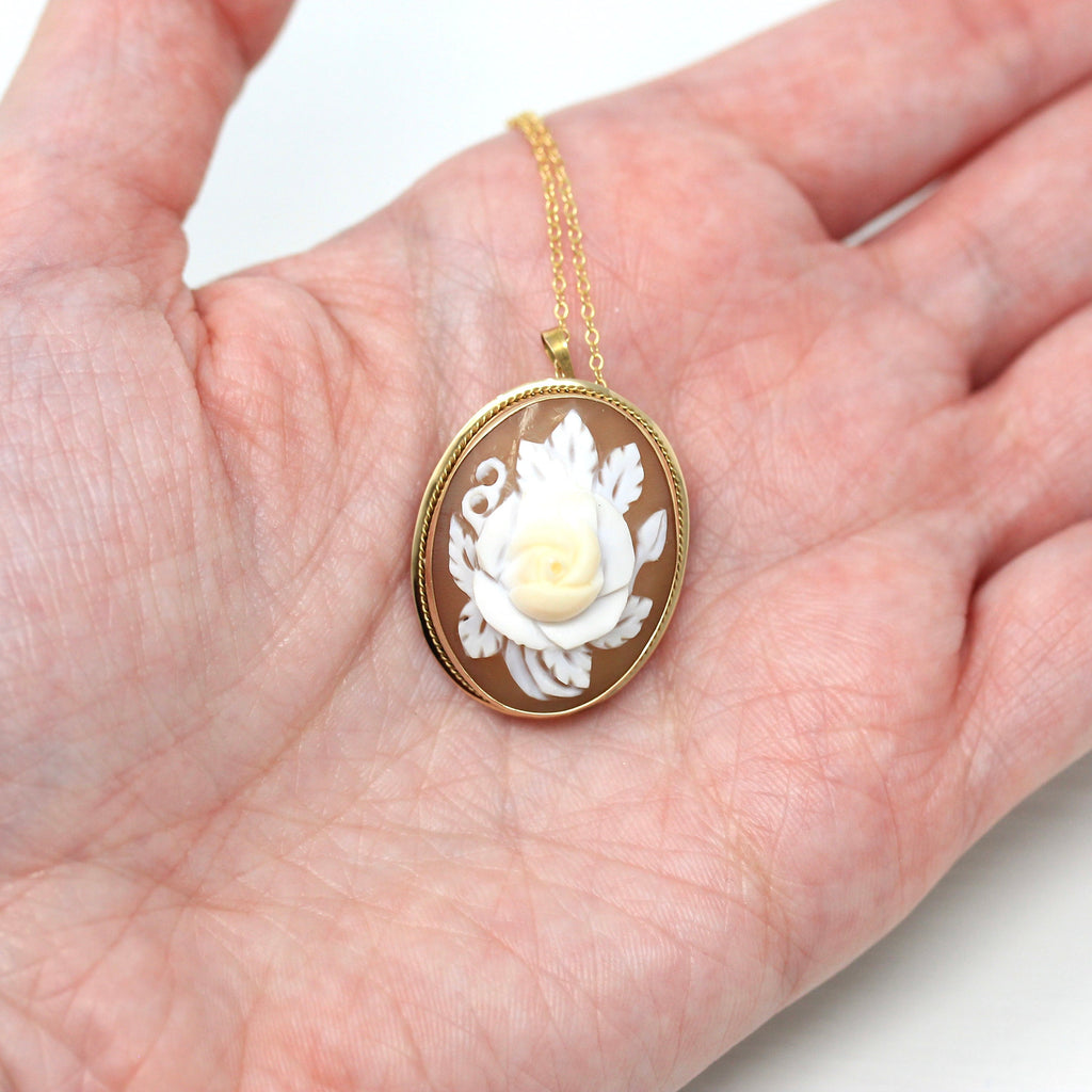 Flower Cameo Necklace - Retro 14k Yellow Gold Carved Shell Rose Petals Leaves Pendant - Vintage Circa 1970s Era Statement Brooch 70s Jewelry