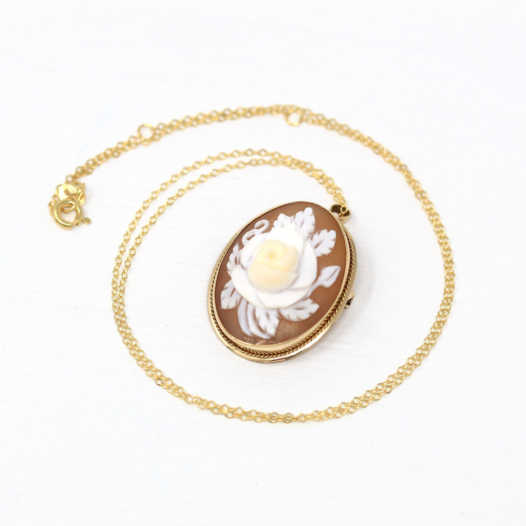 Flower Cameo Necklace - Retro 14k Yellow Gold Carved Shell Rose Petals Leaves Pendant - Vintage Circa 1970s Era Statement Brooch 70s Jewelry