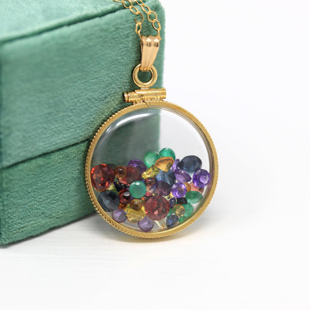 Rainbow Shaker Locket - Handcrafted 14k Gold Filled Lucite Pendant Necklace Charm - Amethyst Emerald Citrine Yellow Sapphire Garnet Jewelry