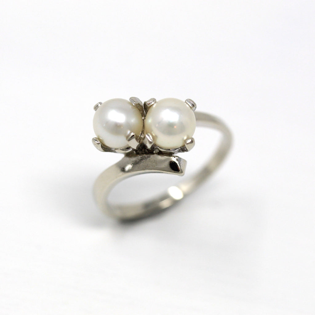 Sale - Cultured Pearl Ring - Mid Century 14k White Gold Toi Et Moi Bypass Style - Vintage Circa 1950s Era Size 6 1/4 June Birthstone Jewelry