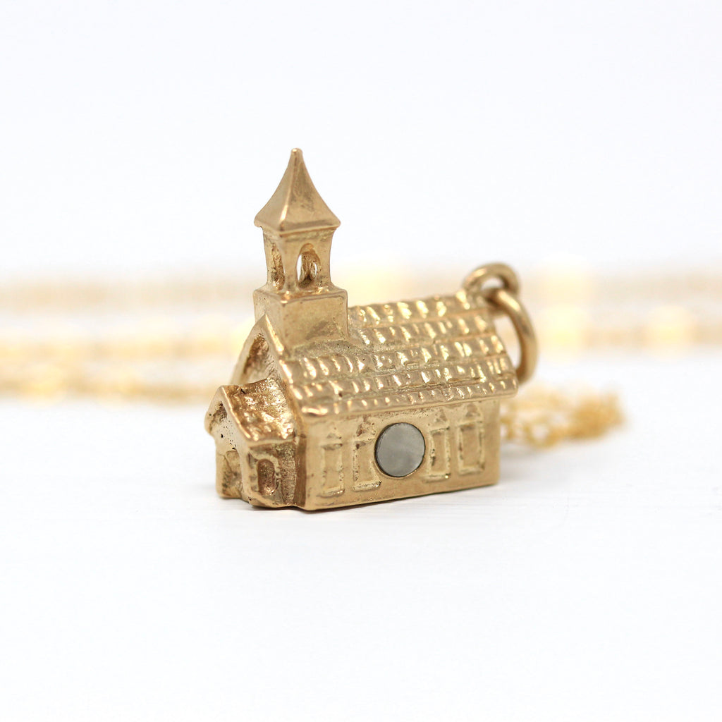 Sale - Stanhope Church Pendant - Retro 14k Yellow Gold Steeple Necklace Charm - Vintage Circa 1960s Era Religious Lord's Prayer Fine Jewelry